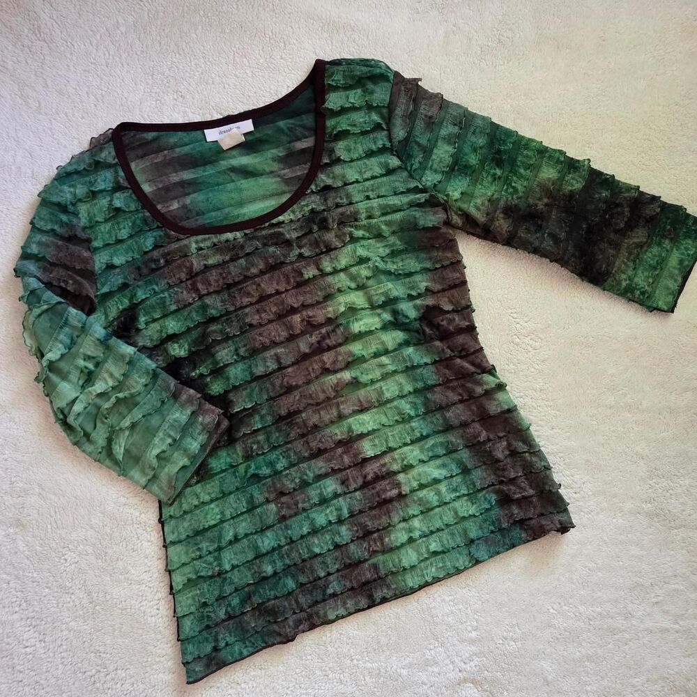 Vintage Y2K Whimsigoth Ruffle Mesh Top Green Abstract Grunge Tiered Blouse size